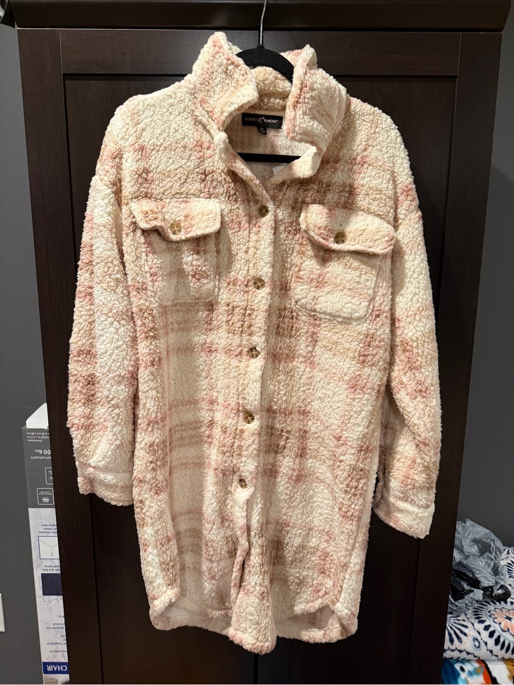 Almost Famous Cream & Pink Teddy Shacket